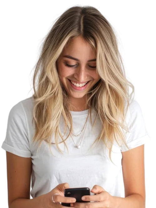 Mulher sorrindo enquanto usa o celular